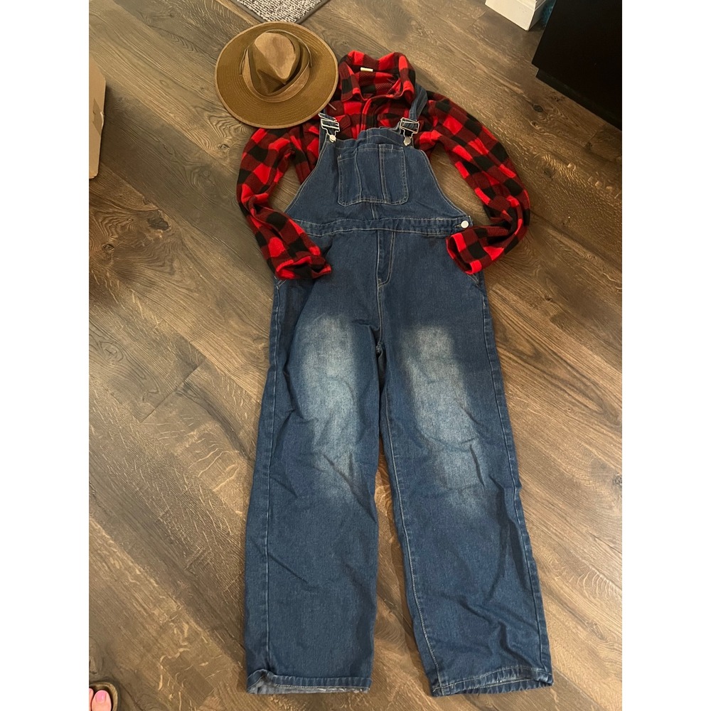 Open Trails Flannel Overalls &  Hat 3-Piece Outfit Farmer Costume Mens Medium
